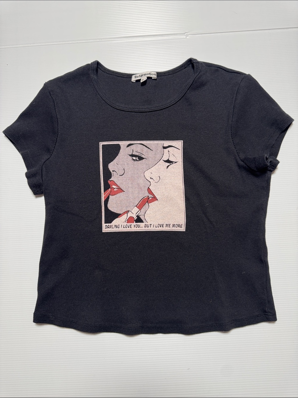 REFORMATION Muse Graphic Pop Art Print Cropped T-Shirt Baby Tee Stretch Cotton L